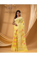 Rangabati Resham Dhakai Jamdani Pure Cotton Handloom Saree without Blouse Piece (Yellow)
