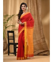 dB DESH BIDESH Women`s Tant Silk Handloom Cotton Saree Sequence Work With Blouse Piece (Red Yellow)