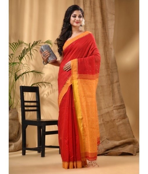 dB DESH BIDESH Women`s Tant Silk Handloom Cotton Saree Sequence Work With Blouse Piece (Red Yellow)