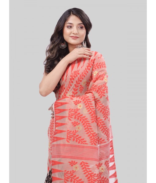 DESH BIDESH Women`s Tamarind Leaf Resham Dhakai Jamdani Bengal Pure Cotton Handloom Saree Whole Body Design without Blouse Piece (Red Black)
