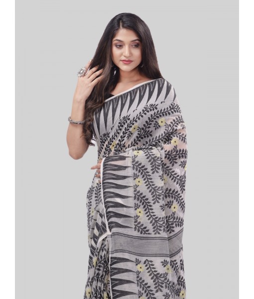 DESH BIDESH Women`s Tamarind Leaf Resham Dhakai Jamdani Bengal Pure Cotton Handloom Saree Whole Body Design without Blouse Piece(Black White)