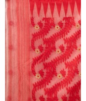  Traditional Tamarind Leaf Resham Dhakai Jamdani Pure Cotton Handloom Saree without Blouse Piece (White Red)