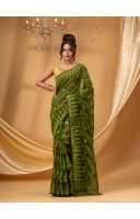 Traditional Tamarind Leaf Resham Dhakai Jamdani Pure Cotton Handloom Saree without Blouse Piece (Dark Green)