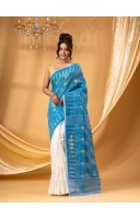 Tamarind Leaf Resham Dhakai Jamdani Pure Cotton Handloom Saree Design without Blouse Piece (White Blue)