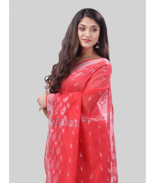 DESH BIDESH Women`s Tant Cotton Silk Handloom Cotton Saree Flowting Leaves Work With Blouse Piece(Red)