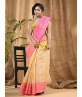  Women`s Bengal Tant Jamdani Printed Handloom Cotton Saree Without Blouse Piece (Pink)