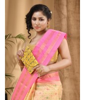  Women`s Bengal Tant Jamdani Printed Handloom Cotton Saree Without Blouse Piece (Pink)
