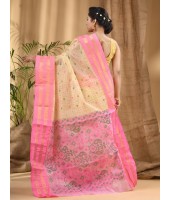  Women`s Bengal Tant Jamdani Printed Handloom Cotton Saree Without Blouse Piece (Pink)