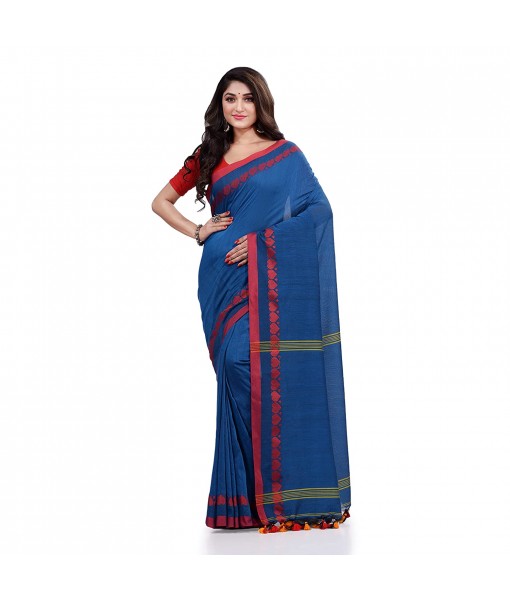 Women`s Traditional Bengali Tant Handloom Cotton Saree Loveria Design With Blouse Piece(Blue)