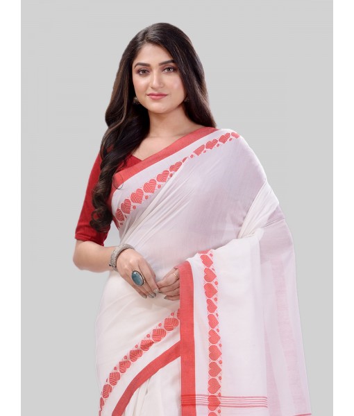 DESH BIDESH Women`s Traditional Bengali Tant Handloom Cotton Saree Royel Loveria Design With Blouse Piece(White)