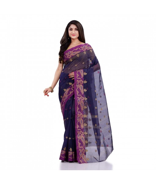 Women`s Traditional Pure Handloom Cotton Saree MinaKarat Woven Designer Without Blouse Piece (Dark Blue Purple)