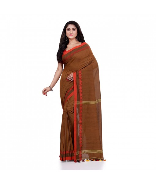 DESH BIDESH Women`s Traditional Bengali Tant Handloom Cotton Saree Loveria Design With Blouse Piece(Brown)