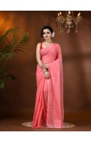 dB DESH BIDESH Women`s Fancy Trendy Solid Transparent Design Pure Cotton Handloom MulMul Saree (Light Red)