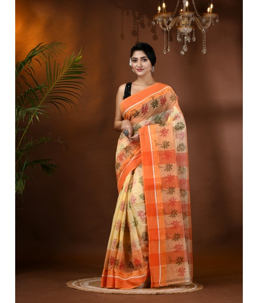 dB DESH BIDESH Women`s Bengal Tant Tree Print Design Pure Handloom Cotton Saree Without Blouse Piece