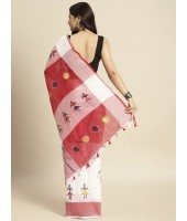 Handloom Pure Cotton Saree with Tribal Hand-Made Art Design (Red-White) - Durga Puja Collection