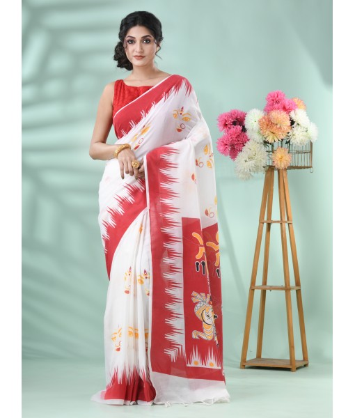 Handloom Pure Cotton Saree Trinetra Durga Print Design With Blouse Piece