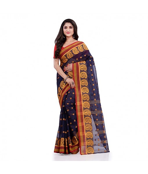 DESH BIDESH Women`s Traditional Pure Cotton Handloom Saree Woven Paisley Kolka Designer Without Blouse Piece (Deep Blue)