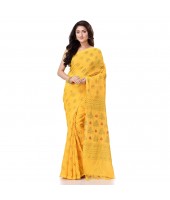 Bengal Tant Abhrak Work Design Soft Pure Handloom Cotton Saree With Blouse Piece Yellow