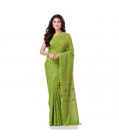 Bengal Tant Abhrak Work Design Soft Pure Handloom Cotton Saree With Blouse Piece (Green)
