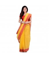 Bengal Tant Aradhana Design Pure Handloom Cotton Saree Without Blouse Piece (Yellow Red)