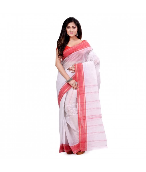 dB DESH BIDESH Women`s Bengal Tant Aradhana Design Pure Handloom Cotton Saree Without Blouse Piece White Red