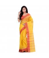 Bengal Tant Aradhana Design Pure Handloom Cotton Saree Without Blouse Piece (Yellow Red)