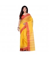 Bengal Tant Aradhana Design Pure Handloom Cotton Saree Without Blouse Piece (Yellow Red)