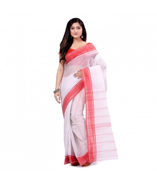 dB DESH BIDESH Women`s Bengal Tant Aradhana Pure Handloom Cotton Saree Without Blouse Piece Red White