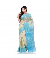 Bengal Tant Jamdani Printed Handloom Cotton Saree Without Blouse Piece (Blue)