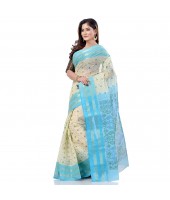 Bengal Tant Jamdani Printed Handloom Cotton Saree Without Blouse Piece (Blue)