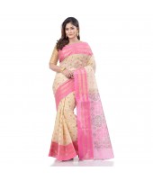 Bengal Tant Jamdani Printed Handloom Cotton Saree Without Blouse Piece (Pink)