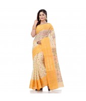 Bengal Tant Jamdani Printed Handloom Cotton Saree Without Blouse Piece (Yellow)