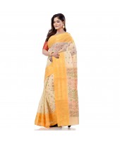 Bengal Tant Jamdani Printed Handloom Cotton Saree Without Blouse Piece (Yellow)
