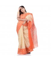Bengal Tant Jamdani Printed Handloom Cotton Saree Without Blouse Piece (Orange)