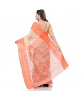 Bengal Tant Jamdani Printed Handloom Cotton Saree Without Blouse Piece (Orange)