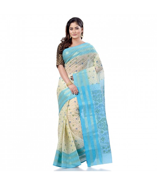dB DESH BIDESH Women`s Bengal Tant Jamdani Printed Handloom Cotton Saree Without Blouse Piece (Blue)