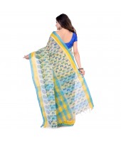 Tant Kolka Print Design Pure Handloom Cotton Saree Without Blouse Piece (Blue Yellow)