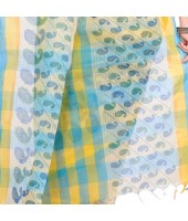 Tant Kolka Print Design Pure Handloom Cotton Saree Without Blouse Piece (Blue Yellow)
