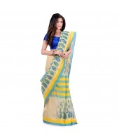 Tant Kolka Print Design Pure Handloom Cotton Saree Without Blouse Piece (Blue Yellow)