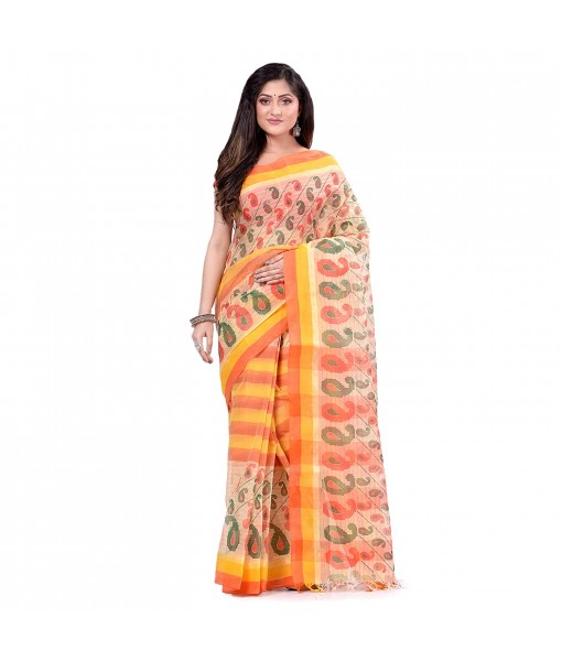 dB DESH BIDESH Women`s Bengal Tant Kolka Print Design Pure Handloom Cotton Saree Without Blouse Piece Red Yellow