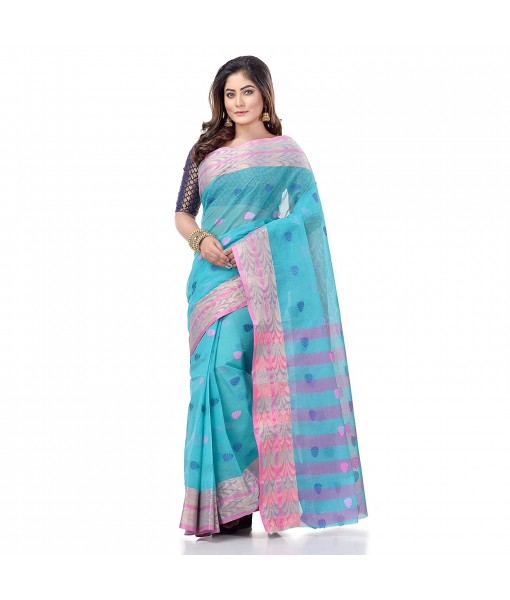 dB DESH BIDESH Women`s Bengal Tant Potrobinnas Pure Handloom Cotton Saree Without Blouse Piece (Blue)