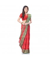 dB DESH BIDESH Women`s Bengal Tant Pure Handloom Cotton Saree Potrobinnas Design Without Blouse Piece Orange Red