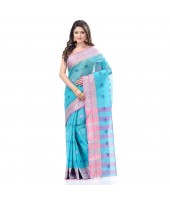 dB DESH BIDESH Women`s Bengal Tant Pure Handloom Cotton Saree Potrobinnas Design Without Blouse Piece Orange Blue