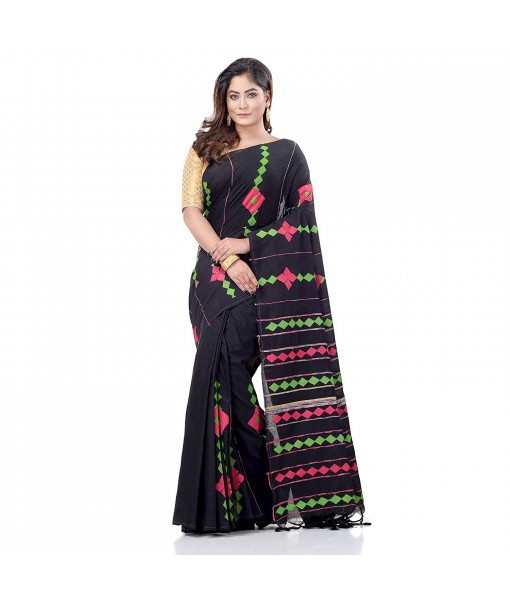 dB DESH BIDESH Women`s Bengali Khesh Mul Pure Cotton Handloom Saree With Blouse Piece (Black)