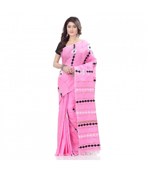 dB DESH BIDESH Women`s Bengali Khesh Pure Cotton Handloom Saree Diamond Designed With Blouse Piece (Pink)