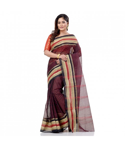 dB DESH BIDESH Women`s Bengali Tant Khejur Chori Pure Handloom Cotton Saree Without Blouse Piece (Black)