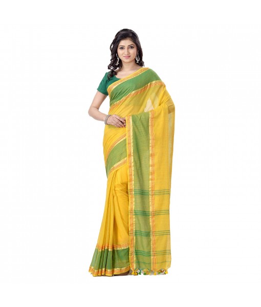 dB DESH BIDESH Women's Malmal Cotton Bengal Handloom Tant Saree Zari Design with Blouse Piece (Yellow Green Red)