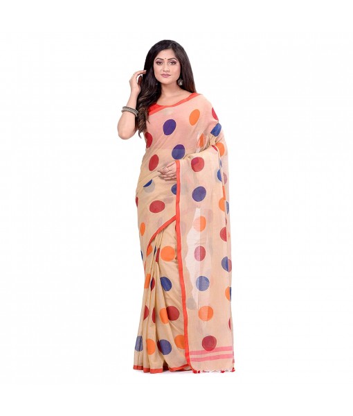 dB DESH BIDESH Women`s Moon Folka Design Malmal Bengal Handloom Pure Cotton Saree Without Blouse Piece Tussar Off Red