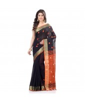 dB DESH BIDESH Women`s Pure Cotton Traditional Bengali Tant Handloom Cotton Saree Round Desigined With Blouse Piece (Black orange)