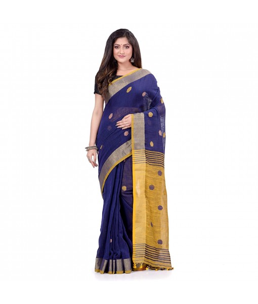 dB DESH BIDESH Women`s Pure Cotton Traditional Bengali Tant Handloom Cotton Saree Round Desigined With Blouse Piece (Deep Blue Yellow)